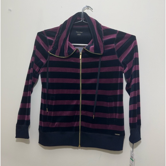 NWT CALVIN KLEIN VELOUR WOMENS BLACK AND PURPLE STRIPE ZIP JACKET Sz L - Picture 4 of 13